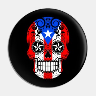 Puerto Rican Flag Sugar Skull with Roses Pin