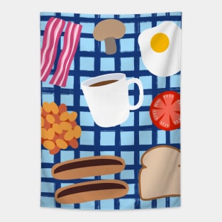 Fried Breakfast on Blue Check Tapestry