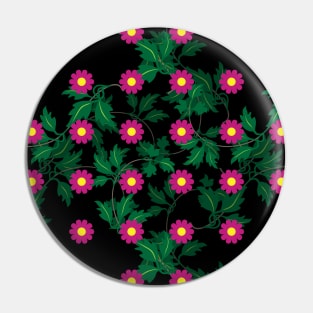 Cerise daisies with Yellow centres over layers of vine leaves on a Black background Pin