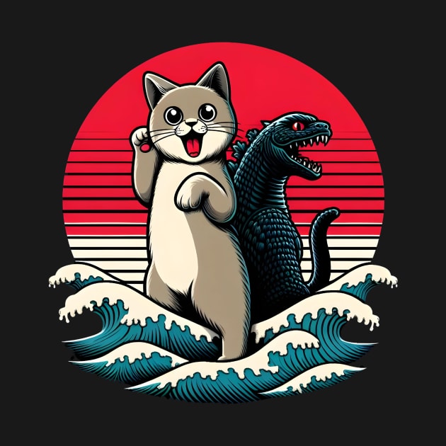 Catzilla Cat Japanese Art Funny Cat by Rizstor