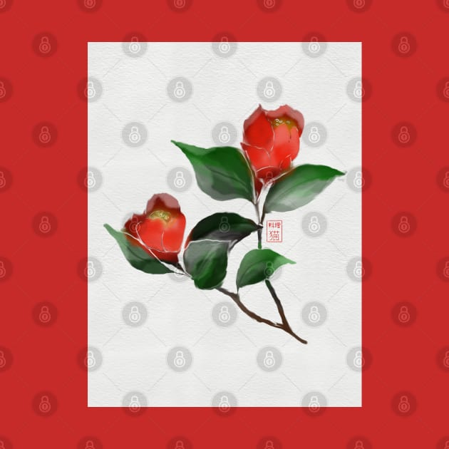 Red watercolor and sumiE ink camellia flowers by cuisinecat