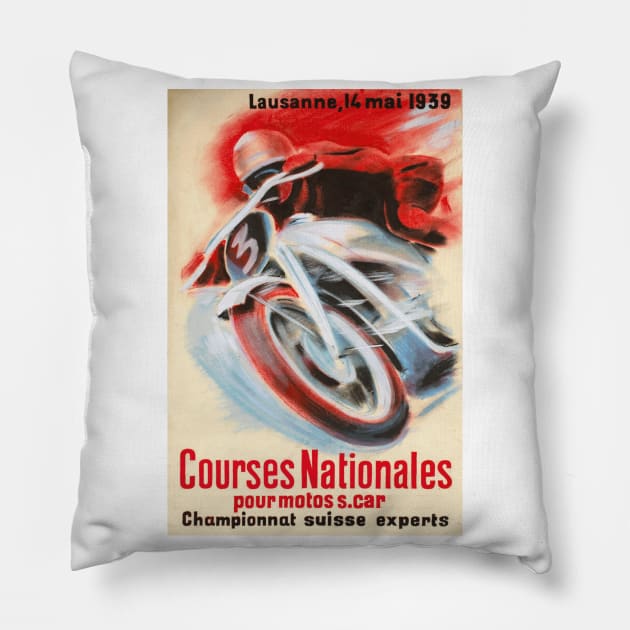 1939 Swiss Motorcycle Racing Championship, Lausanne, Switzerland - Vintage Poster Art Pillow by Naves