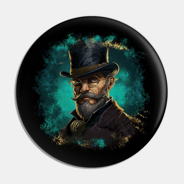 Vintage Design Illustration - Distinguished Gentleman in Glasses, Mustache, and Beard, Wearing a Suit with a Top Hat, Against a Turquoise Background. Pin by Art KateDav