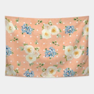 White Roses Blue Forget Me Nots Polka Dots on Peach Fuzz Abstract Floral Tapestry