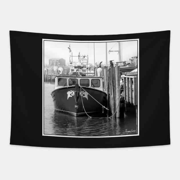 Fishing Boat  Docked in the Fog at Hall's Harbour Tapestry by kenmo