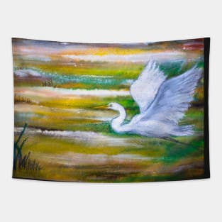 Snow egret flying over march Tapestry