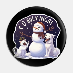 O Holy Night White Cat Dog Snowman Pin