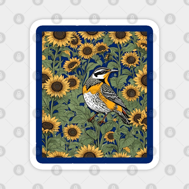 Western Meadowlark Bird Surrounded By Sunflowers Magnet by taiche