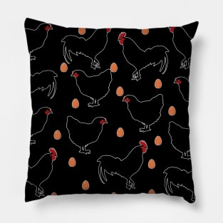 Chickens, cockerels and eggs on a black backround Pillow