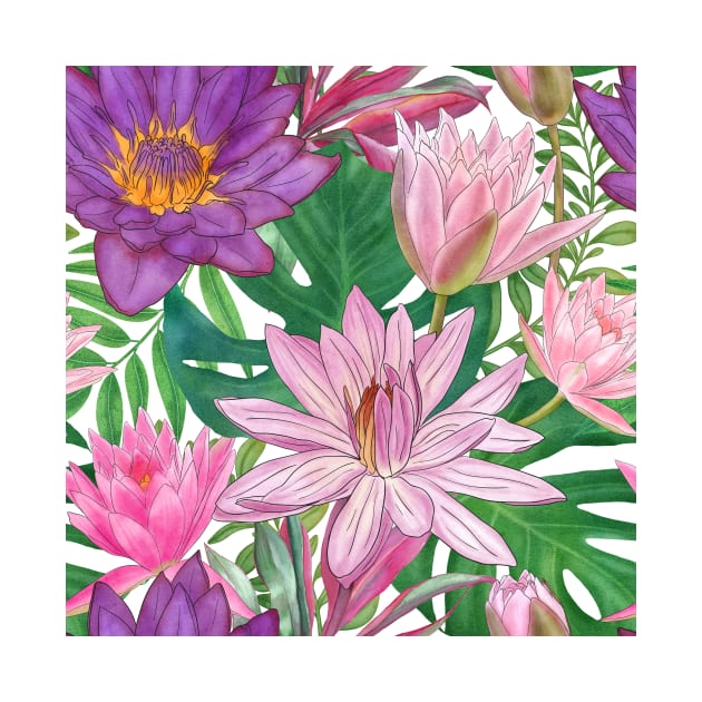 Waterlily, Monstera leaves watercolor tropical illustration. Exotic summer floral print. Colorful summer jungle by likapix