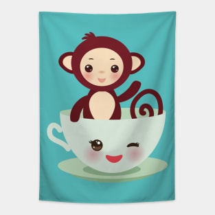 Cute Kawaii cup with brown monkey Tapestry
