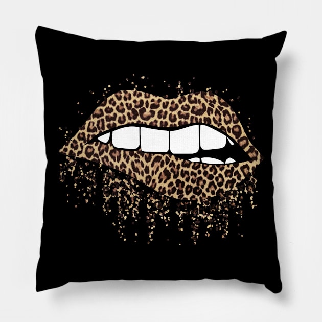 Teeth Biting Lip Leopard Print Lips Pillow by StacysCellar