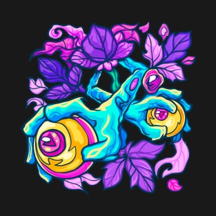 Purple Flowers and Abstract Hands and eyes T-Shirt