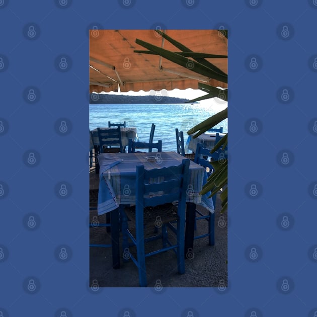 Scenic view on Mediterranean sea from Greek restaurant with blue chairs by Khala