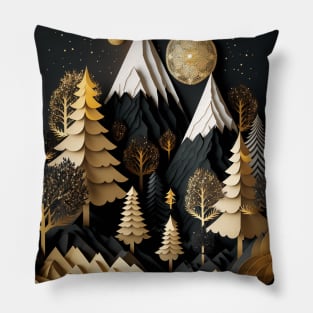 Gold and Black Wonderland - Whimsical Winter Holiday Mountainscape Forest Scene Pillow