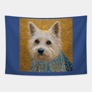 Gustav Klimt Style White Dog with Geometric Blue Garment Tapestry