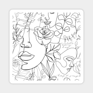 Contemporary background with fashion continuous line pattern. One line woman face, flowers, leaves and caligraphy phrase. Trendy hand drawn textures. Magnet