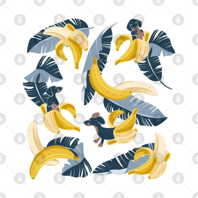 Surrealistic tropical Dachshund bananas // print // pastel blue background navy blue dogs and banana fruit leaves by SelmaCardoso