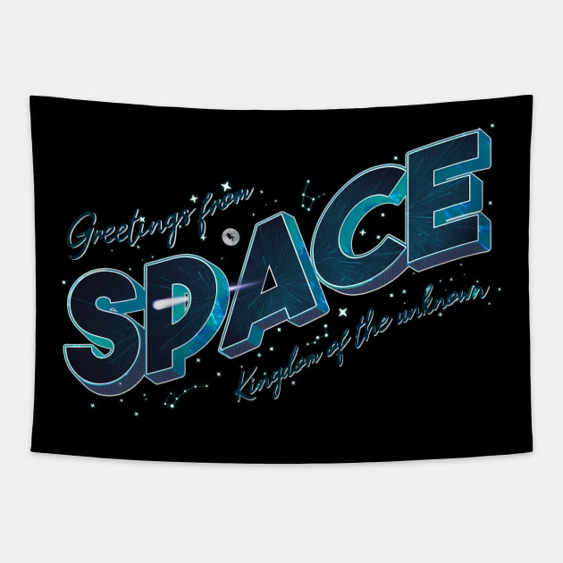 Greetings From Space | Retro Lettering Tapestry by Lumos19Studio
