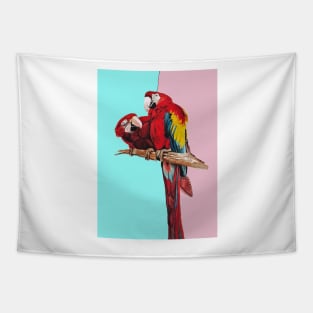 Macaw Parrot Watercolor Painting on Aqua and Pink Tapestry