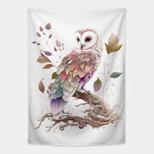 Watercolor Owl in Nature, Floral Design Tapestry