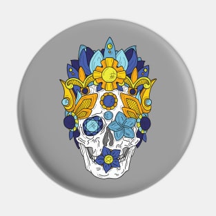 Royal Dead, Blue Floral Detail Crown and Skull Pin