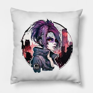 Cyber Punk Girl on Night City Background Pillow