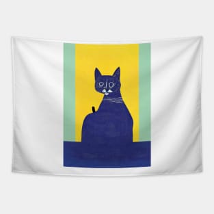 Grandpa Cat on Chair Retro Poster Vintage Art Cat Wall Blue Yellow Illustration Tapestry