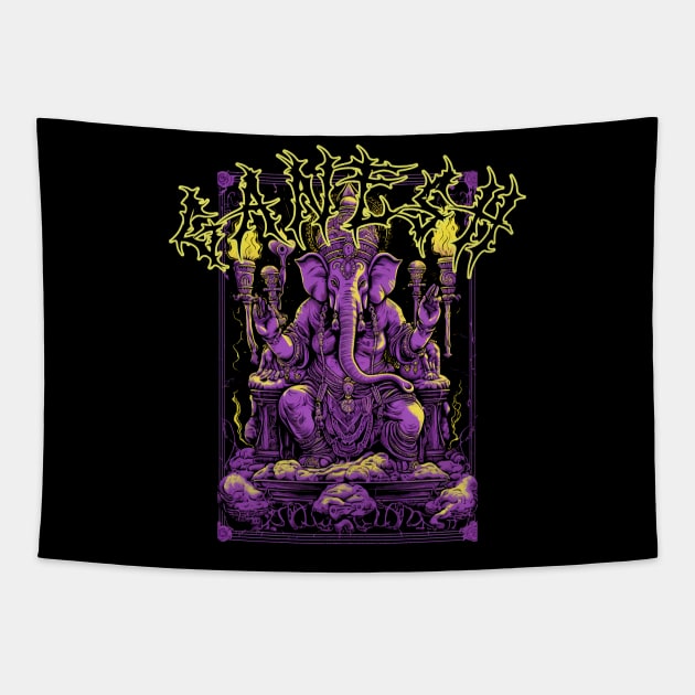 Lord Ganesh Death Metal Style Dark Art Tee: Unholy Resilience Tapestry by Soulphur Media