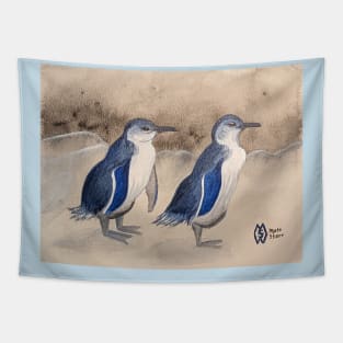 Blue penguins along the coastline Tapestry