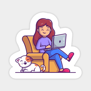 Women working on laptop with cat cartoon Magnet