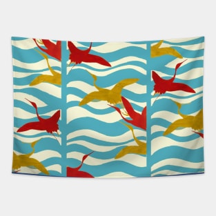 RED YELLOW FLYING CRANES ON WHITE BLUE SEA WAVES Tapestry