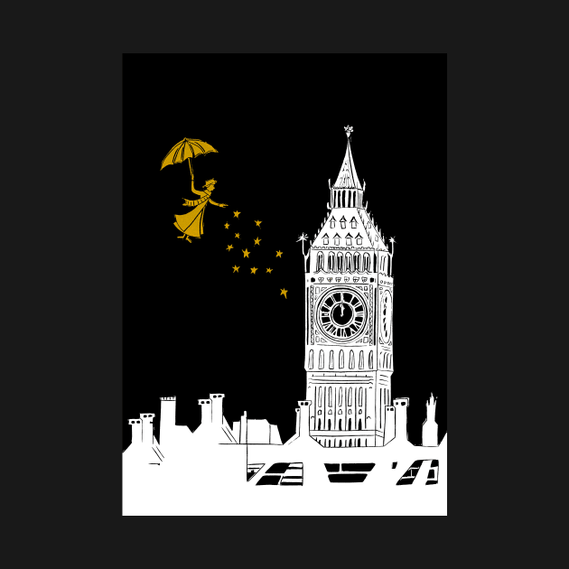 Mary Poppins and Big Ben Linocut Print in white, black and gold by Maddybennettart
