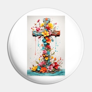 Cross with flowers, dripping paint Pin