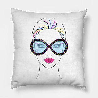 Fashionable woman in big colored sunglasses Pillow