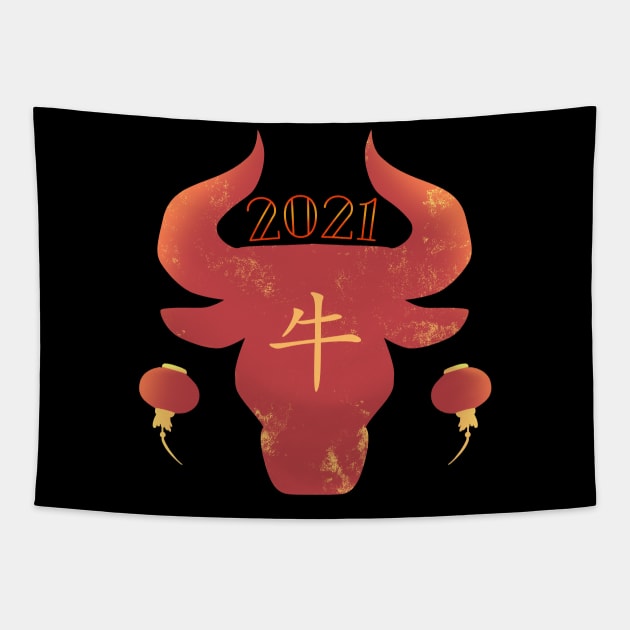 2021 Chinese Zosiac Ox Cow Lanterns New Year Tapestry by yellowpomelo