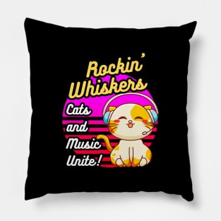 Rockin' Whiskers, Cats And Music Unite! Funny Cute Cat Merch Design Pillow