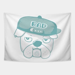 Funny Grumpy face bulldog wears RAD baseball cap, cute doodle cartoon Tapestry