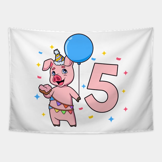 I am 5 with pig - kids birthday 5 years old Tapestry by Modern Medieval Design