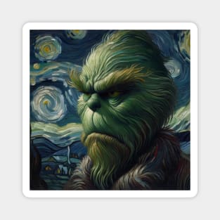 Whimsical Night: Mischievous Green Character - Starry Night Inspired Holiday Art Magnet