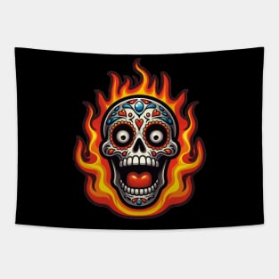 Sugar Skull Art - Flaming Skull Tapestry