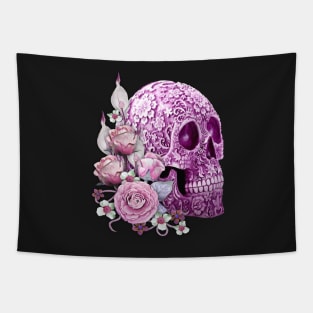 Purple Floral Sugar Skull Day Of The Dead Pink Flowers Tapestry