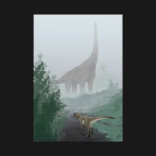 Dinosaurs in fog art print T-Shirt