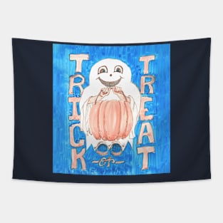 Trick or Treat Ghosty with Pumpkin Pail on Blue Background Tapestry