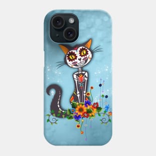 Funny cute sugar cat skeleton with flowers Phone Case