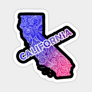 Colorful mandala art map of California with text in blue and violet Magnet