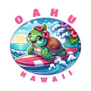 Oahu Hawaii Girls Cute Surfing Sea Turtle T-Shirt