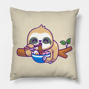 Cute Sloth Eating Ramen On Branch Tree Cartoon Pillow