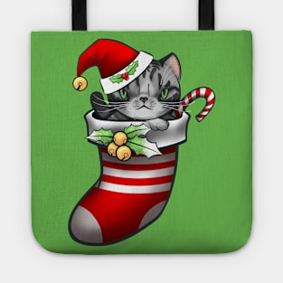 Vanilla the silver tabby cat in a stocking for Christmas Tote