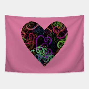 Crazy Vivid Color Curvy Hearts Shapes on Black Tapestry